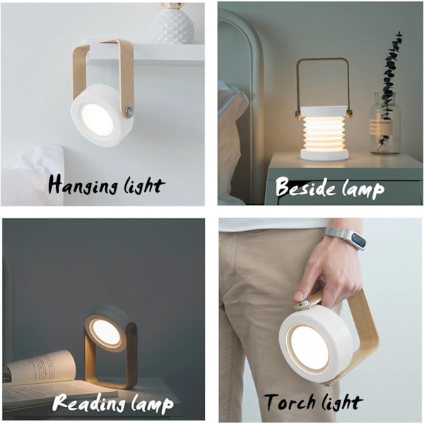 Sammenleggbar Nattbordslampe, USB Oppladbar LED-lampe, Berøringskontroll 3-Nivå Lysstyrke Treskaft Bordlampe (Hvit)