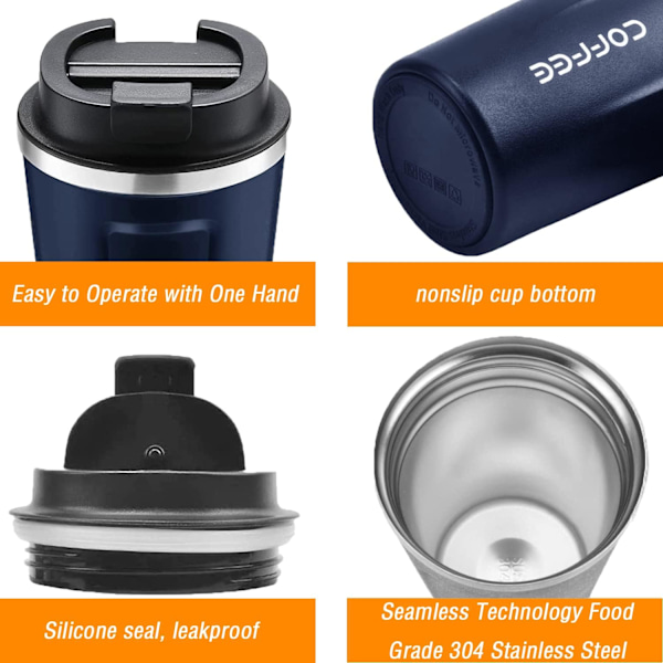 Resemugg, Isolerad Kaffekopp med Läcksäker Lock - Återanvändbara Kaffekoppar Resa - Bilkaffekopp - Rostfritt Stål Termosmugg, 380ml (Blå) blue