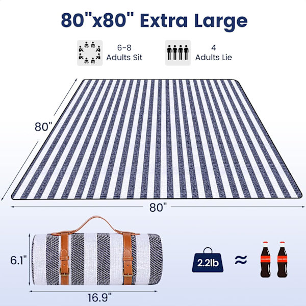 80 x 80 Tommers Piknikteppe, Ekstra Stort Strandteppe, Vanntett og Sammenleggbart, 3-Lags Utendørsteppe
