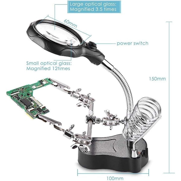LED-lampa Hjälpande Händer Förstoringsstation Belyst Handsfree Förstoringsglasställ med Klämma och Krokodilklämmor - för Lödning, Montering, Reparation