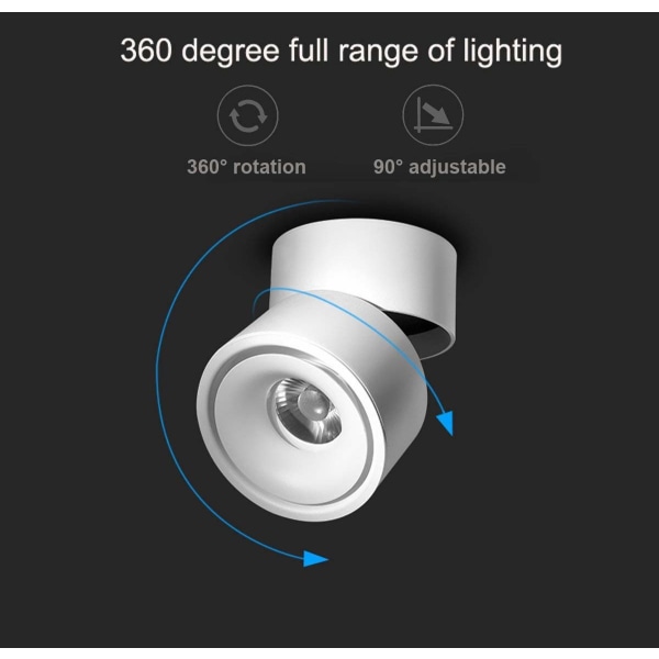 Innendørs 12W LED-lyskaster, 360° justerbar taklys roterende og overflatebelysning COB LED 10x10cm/aluminium vegglampe (hvit-3000K)