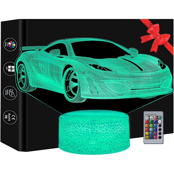 Sportsbil 3D Illusjonslampe Nattlampe for Barn, Gutter Jenter Bilgaver, 16 Fargeskiftende Fjernkontroll, Racing Fan Bursdagsgave Leketøy Gutter