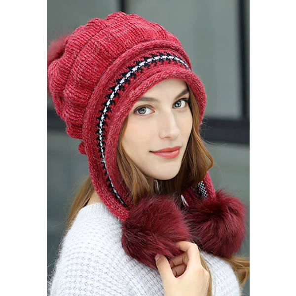 Kvinnlig mössset Fluffig vintermössa Stickad mössa Utomhus Plyschfoder Rysk mössa Pompom Öronlapp med handskar,röd red
