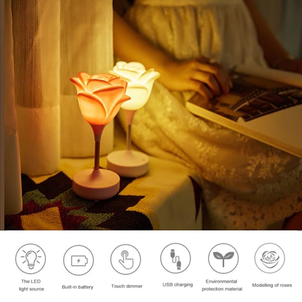 USB Oppladbar Nattlampe for Barn, Berørings LED Lampe, 3 Lysmoduser, Avtakbar Sklisikker, Blomst Nattlampe for Hjemmedekorasjon Rosa