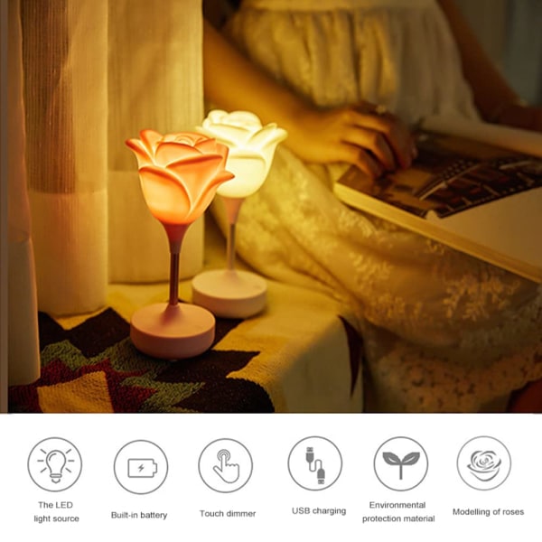 USB oppladbart nattlys for barn, berørings-LED-lampe, 3 lysmoduser, avtakbar sklisikker, blomsternattlampe for hjemmedekorasjon Rosa