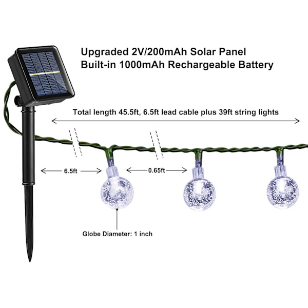 Solcellehavelys, 11 meter 60 LED Solcelledrevet Lysstreng Vandafvisende, Solcelledrevet Krystal Kugle Dekorative Lys til Have, Festival, Fester, Hvid White