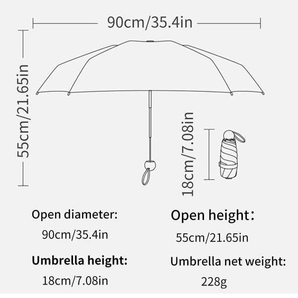 Rejse Paraply, 6 Ribber Mini Paraply Lille UV Paraply med Kapsel Etui Hurtigtørrende og Ultra Kompakt Folde Paraply 90 x 55cm, Sort black