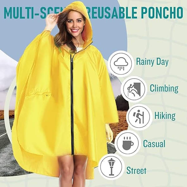 Regnponcho til voksne, vandtæt udendørs hætte, poncho vandtæt til kvinder med lynlås, festivalponchoer vandtæt lang, vandtætte kapper plusstørrelse Yellow