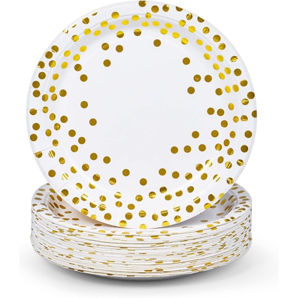 Party Paper Plates, 50-Pack Disposable White and Gold Plates, Foil Polka Dots, 9-Inch