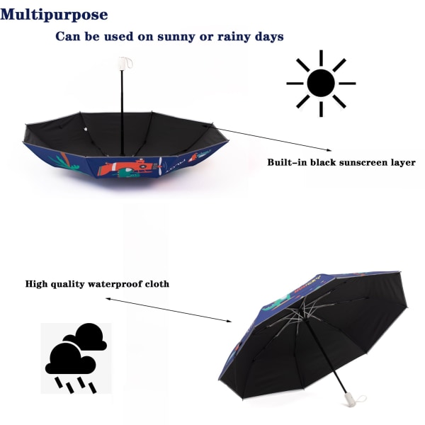 Automatisk Foldbar Paraply UV-Resistent Rejseparaply En-Knap Åben-Luk Cartoon Dinosaur Print Anti-Tilbagefald Design Bærbar Vand-Vindsikker