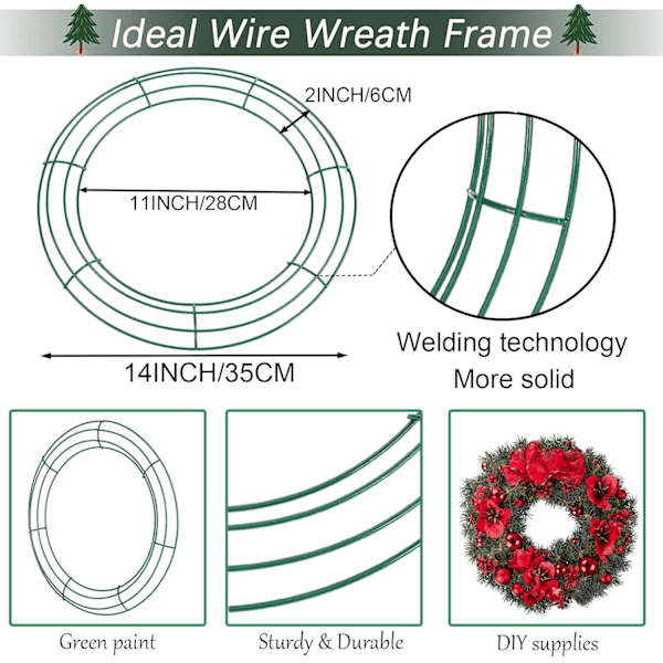 2 Pakke Juletrådskranse 14 tommer - 35cm Rund Trådkranse Ramme til Julekrans Fremstilling Kranse Base, Bryllup Garland Ring. 35cm