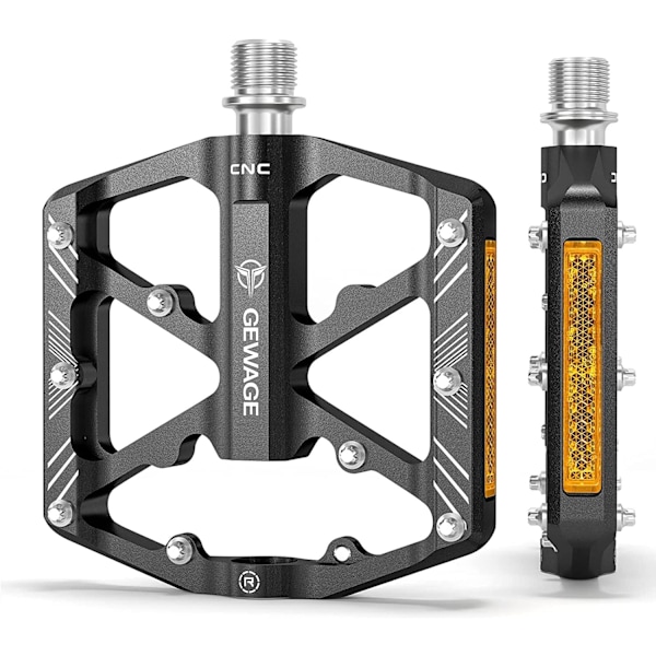 Cykelpedaler med reflexer, 3 tätade lager, halkfri CNC-aluminiumcykelplattform, 9/16 tums pedaler för landsvägscykel, MTB, elcykel. Black