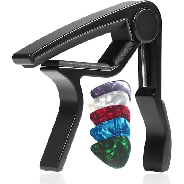 Gitar-Capo for akustiske og elektriske gitarer med 5 plukker gratis, svart