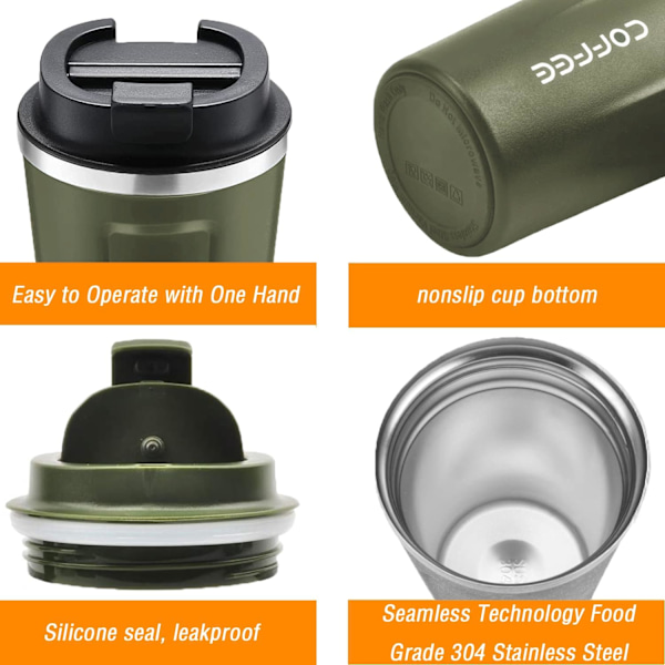 Resemugg, Isolerad Kaffekopp med Läcksäker Lock - Återanvändbara Kaffekoppar Resa - Bilkaffekopp - Rostfritt Stål Termosmugg, 380ml (Grön) green