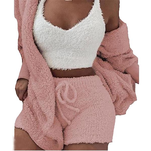 Dam 3-delat vinterplysch hemmakläder casual pyjamas långärmad fluffig huvjacka med öppen frack & shorts & väst kostym hålla varma kläder(L)