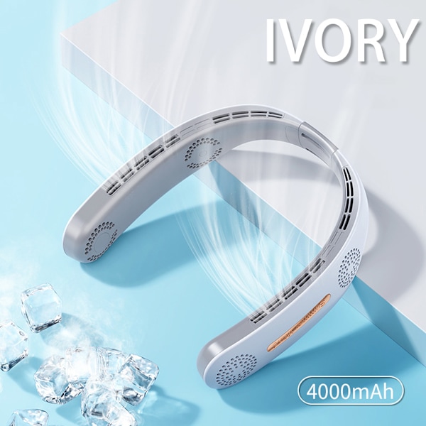 Bærbar Bladløs Halsventilator 360° Køling USB Genopladelig 4000mAh 3 Hastighedsjustering til Udendørs Indendørs Rejser Elfenben White