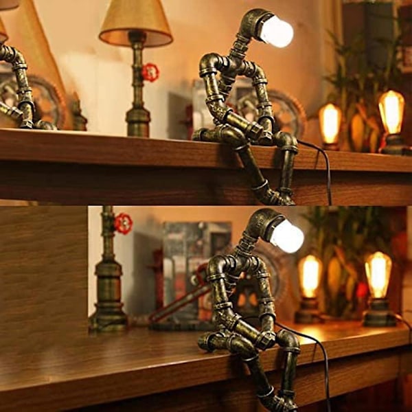 Vintage Retro Industriell Järnvattenrör Bordlampa Sängbordskrivbordslampa Steampunk Robot E27 Energisparande Ljus LED Bar Vindsutrymme Dekorera