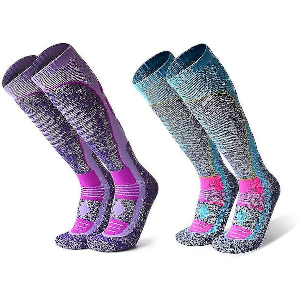 Termiske Skistrømper til Mænd og Kvinder 2 Par, Langrend Ski Snowboard Strømper (Lilla Blå Sø L (40-43)) Purple,Lake blue