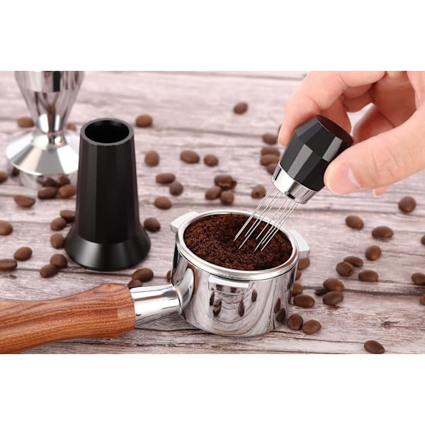 Kahvinsekoitustyökalu, kahvinsekoitusleima, neulajakotustyökalu espressoon, espresso jalustalla musta, espresso-neula