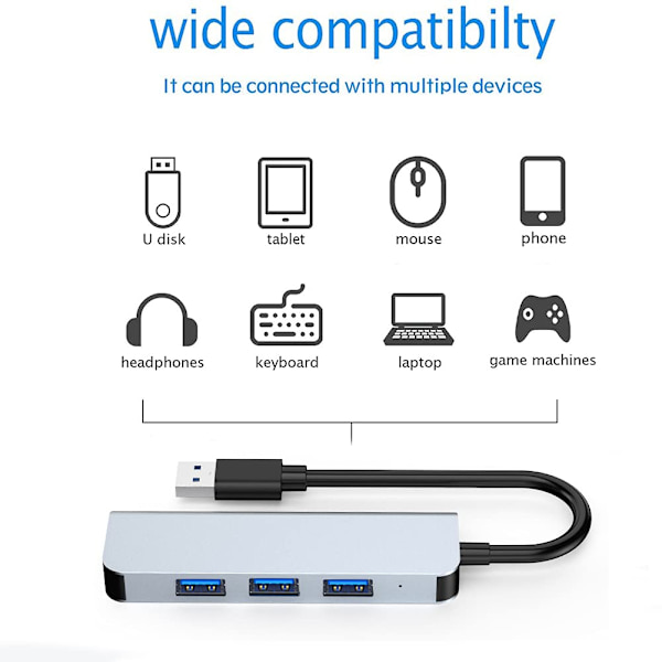 USB Hub 3.0, USB 4-Port Hub Adapter, Aluminiumskal USB 3.0 Hub Kompatibel med PC, MacBook Air, Mac Pro/Mini, PS5, Xbox One, Flashdrev, Mobil HDD