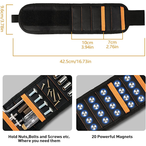 Magnetarmband för män DIY Justerbart med 20 Superstarka Magneter Armband för Att Hålla Skruvar, Saxar
