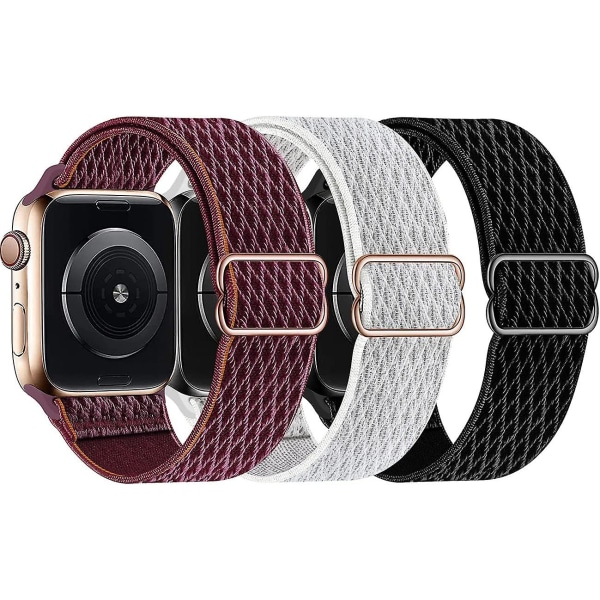 Stretchiga nylon solo-band som är kompatibla med Apple Watch 45 mm 41 mm 44 mm 40 mm 42 mm 38 mm, rem för Iwatch Series 7/6/5/4/3/2/1 Se, 3-pack C 38 svart