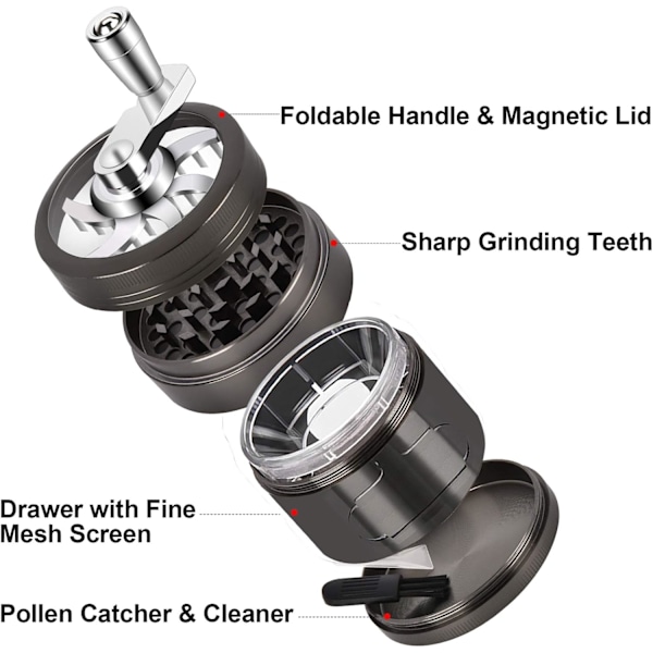 Håndsveiv Urte grinder, 2,5 tommer Krydderkvern med Håndtak og Magnetisk Lokk, 4 Deler Sink Legering Kvern med Skuff og Pollen Samler