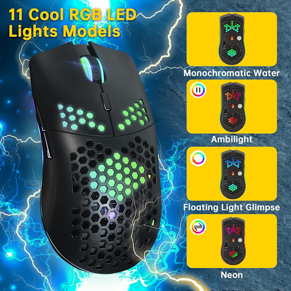 Trådløs Gaming Mus, Datamus med Honeycomb-skall, 11 RGB Bakgrunnsbelyst, 3400 DPI, 6 Programmerte Knapper, USB-mottaker, Trådløs Mus for PC/Mac/Laptop