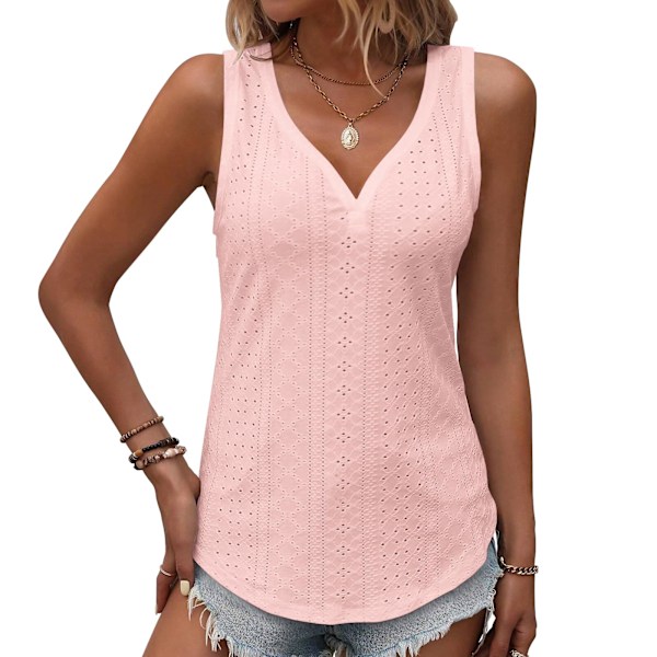 Dam Linnen Toppar Sommar Linnen Toppar för Kvinnor 2026, V-ringad Ärm Broderade Toppar, Lediga Lösa Trendiga Toppar (Rosa-L) pink