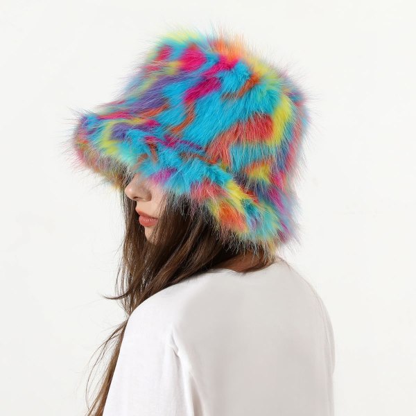 Elegant Fluffig Kvinnors Hinkhatt Vinter Faux Päls Fuzzy Varm Mössa Hatt Blandade Färger Plysch Fiskarehatt Justerbar, färgglad colourful