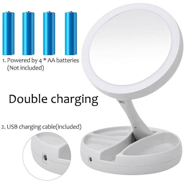 LED Fällbar Sminkspegel med 1X/10X Förstoring, LED Belyst Dubbelsidig Kosmetisk Bordspegel USB Ljusande Spegel för Bord Skrivbord Badrum