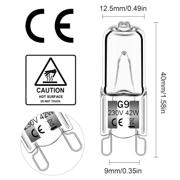 12 stk. G9 halogenpærer 42W 230V 2800K varm hvid 580lm, klare kapsel halogenlamper dæmpbare, ingen stroboskop, ingen flimmer