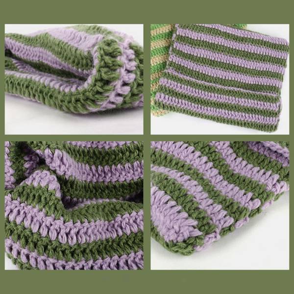 Katte Beanie Hæklet Hatte med Ører Strikket Stribet Vinter Varmt Elastisk Kasket, Lilla og Grøn Purple and Green