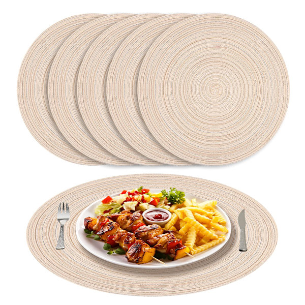 Beige punotut pyöreät tabletit, 6 kpl, lämmönkestävät pestävät pöytätabletit keittiöön, 38 cm, beige Beige