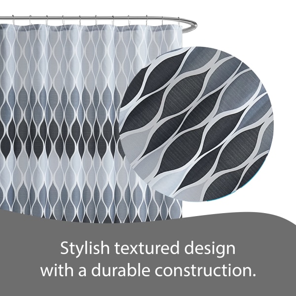 Texturerad Duschdraperi Set, Set med 1 Duschdraperi & 12 Metallkrokar, Rostbeständig, 100% Polyester, Maskintvättbar, Mått 70” X 72”, Grå Grey