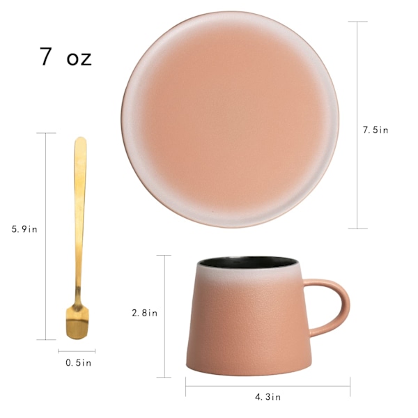 Kaffekopsæt med matchende underkop og gylden ske, kaffekrus til daglig brug og kontor 207 ml (Pink)
