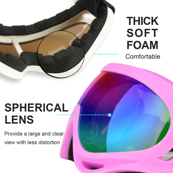Skibriller, Motorsykkelbriller, Snowboardbriller for menn Damer Barn - UV-beskyttelse Skum Anti-ripe Støvtette Fargede linser Rosa og hvite