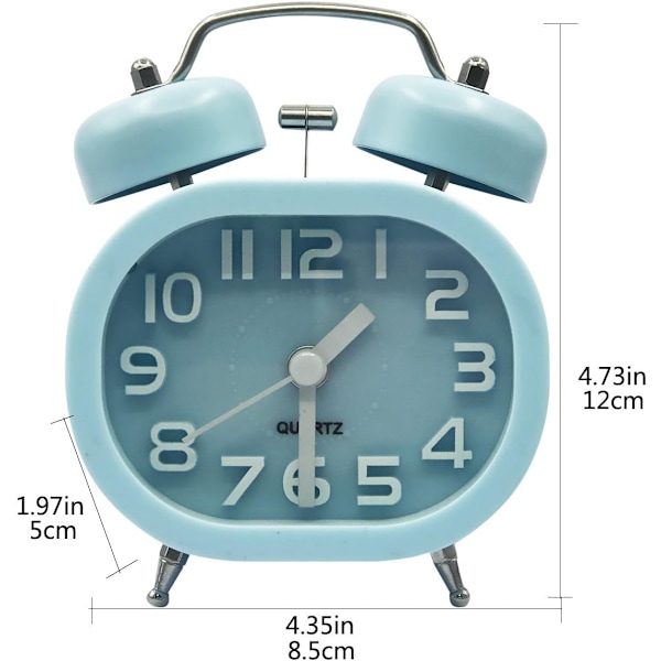 Retro Analog Väckarklocka 3\" Dubbel Klocka Quartz Väckarklockor Tyst Svepande Ljudlös Sängklocka Högljudd Alarm Batteridriven med Nattlampa, Blå