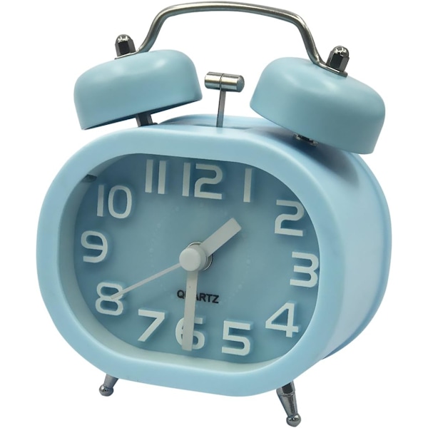 Retro Analog Väckarklocka 3\" Dubbel Klocka Quartz Väckarklockor Tyst Svepande Ljudlös Sängklocka Högljudd Alarm Batteridriven med Nattlampa, Blå