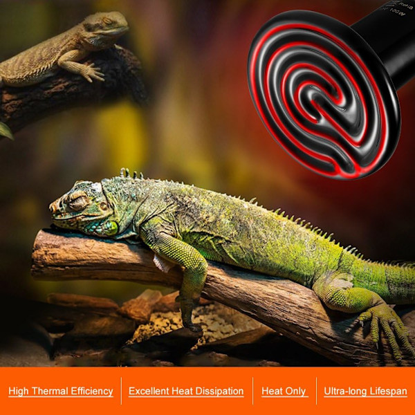 Terrarium Reptil Varmepære, Keramisk Varmeemitter 100w, E27 Infrarød Keramisk Reptil Varmepære for Reptiler/Øgler/Skilpadder/Kyllinger