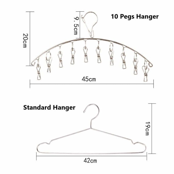 Tørkestativ for tøy i rustfritt stål Kleshenger med 11 klips for tørking av sokker, tørkehåndklær, bleier, bh'er, babyklær, undertøy, sokkerhansker