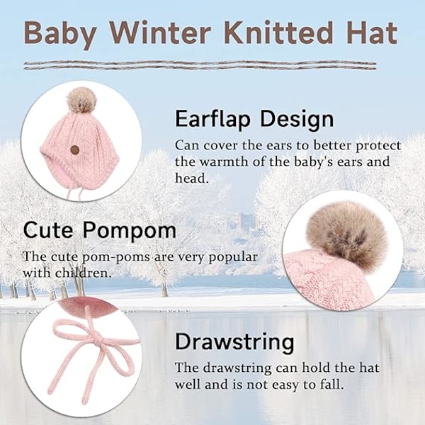 Baby Pojkar Vintermössa Sammetsfodrad Småbarnsmössa med Öronlappar Varma Babymössor för Flickor med Pompon Pink