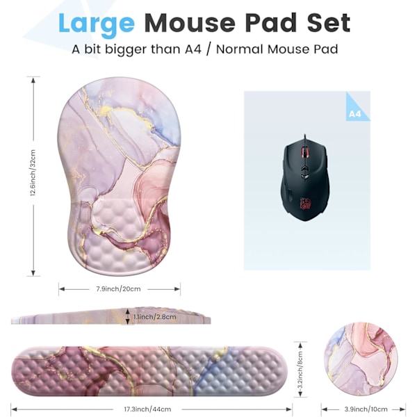 Musmatta med handledsstöd och tangentbordsstöd, 3-pack datormusmattor för skrivbord med underlägg, Ergonomisk musmatta med minnesskum