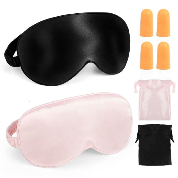 Silk Sleep Mask, 2-pack dubbellagers mjuk ögonmask, elastiskt band, bekväm sovande ögonbindel, blockerar ljus för nattsömnresor (svart, rosa)