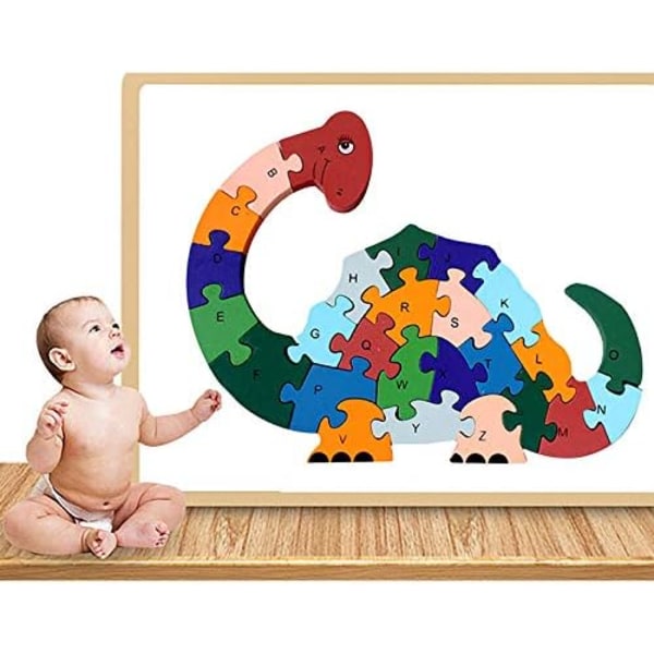 Barn Trä Dinosaurie Form pussel Alfabetisk ABC och nummer 123 Kognitiva pussel Block Förskola tidigt lutande leksaker