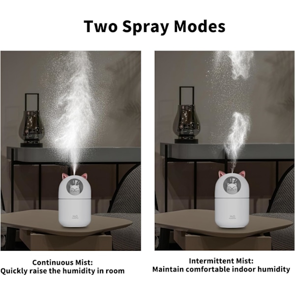 Luftfukter, Luftfukter, 300ml Søt Katte Luftfukter, Mini USB Kjølig Tåke Luftfukter med 2 Spraymoduser og Nattlys