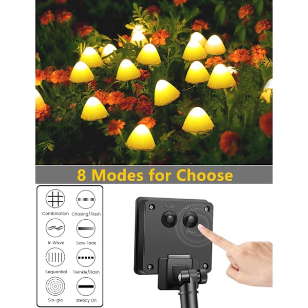 20 stk. LED Solcelle Hagelys, 8 Moduser Utendørs Sopp Gatelys, 5m Landskapslys, for Hage, Plen, Bryllupsfest Dekor, Varm Hvit