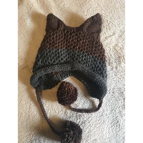 Dam Cat Beanie Stickade Hattar med Öron Stickade Vinter Varma Elastiska Mössor Slouchy, mörkgråbrun