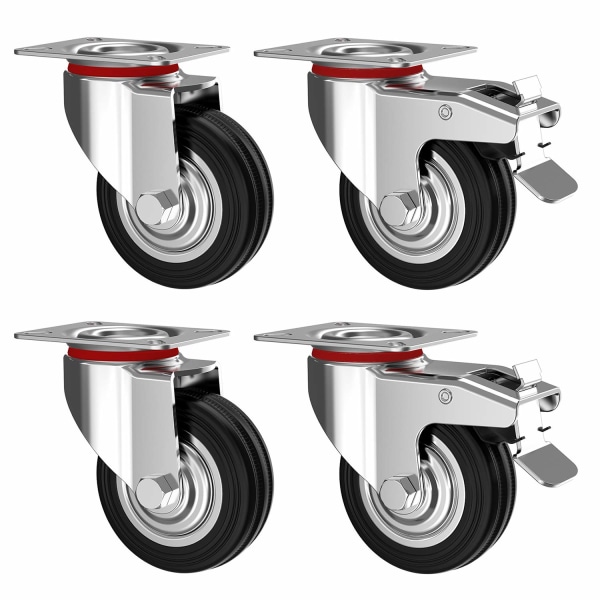 Sæt med 4 drejelige hjul 100 mm med bremse - Møbelhjul op til 70 kg pr. hjul - Tung belastning - Gummi til indendørs og udendørs brug