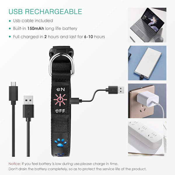 LED-koiranpanta, Erittäin kirkas USB-ladattava [7 tilaa] Valoisa koiranpanta, Nahkaa ja nylonia (RGB, S: 30 - 40 cm)